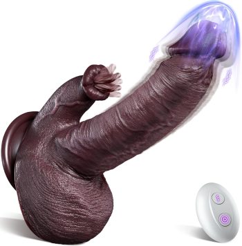 Thrusting Vibrating Dildo Sex Toy - 4-in-1 black realistic dildo with 10 thrust, vibration, heating, and licking modes, suitable for G-spot stimulation, remote control dildo adult sex toy